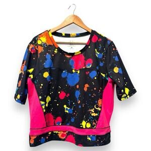 NY&Co Sport Neon Paint Splatter Crop Top Activewear Athleisure T-Shirt L/XL‎